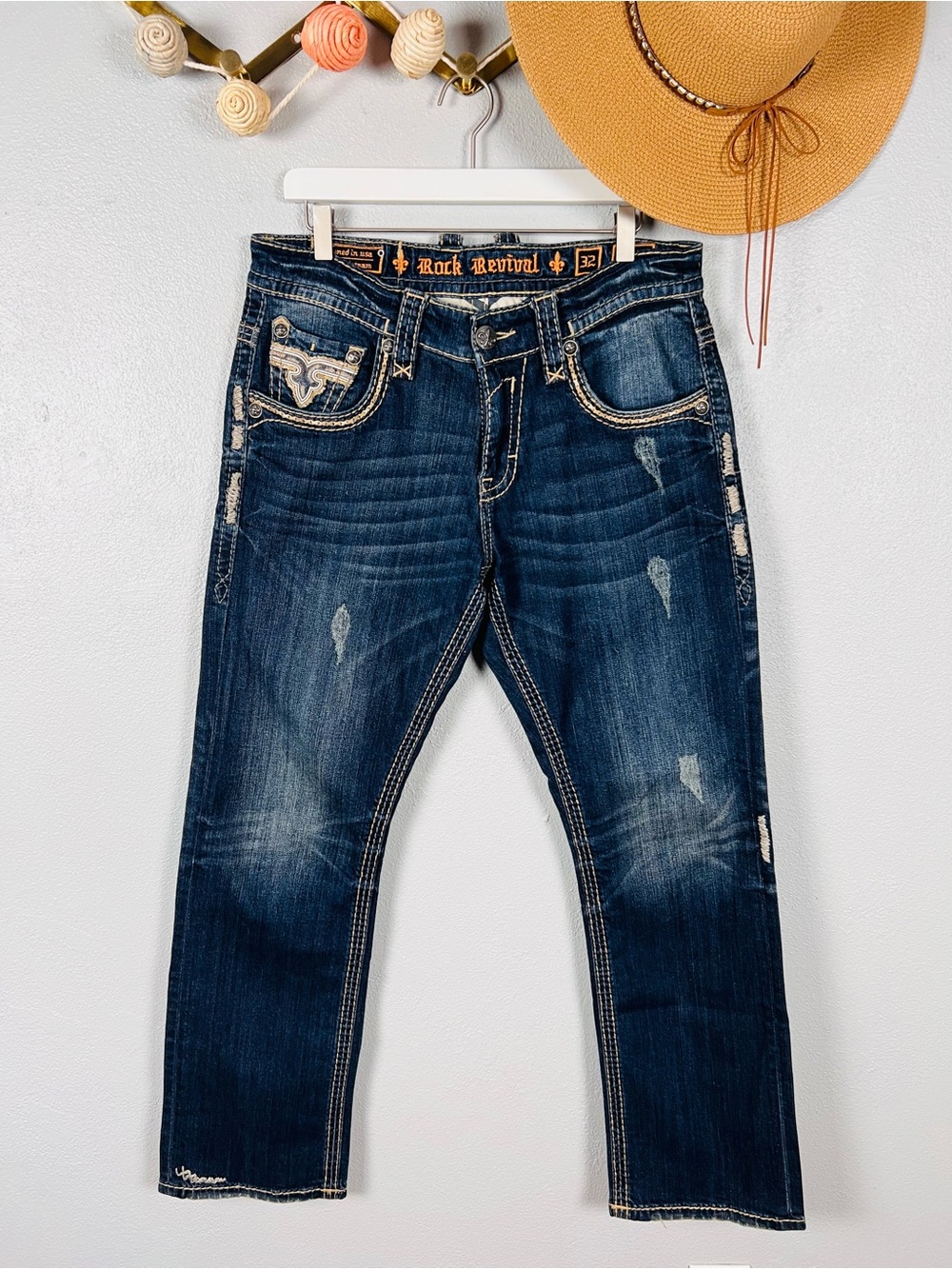 Rock Revival Moscow Straight Leg Dark Wash Jeans Mens 32x31 Distressed Denim